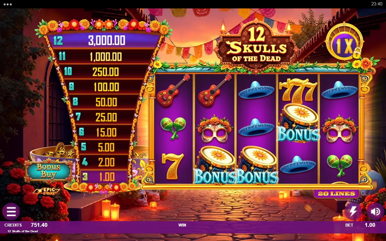 12 Skulls of the Dead base game with three Bonus drums on the middle reels triggering free spins