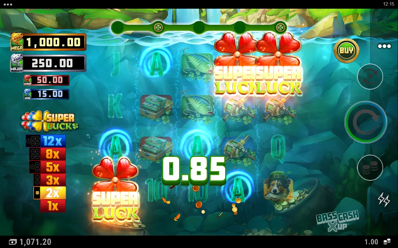Three red Super Luck scatters triggering free spins, with the top rung of the trail upgraded to 12x