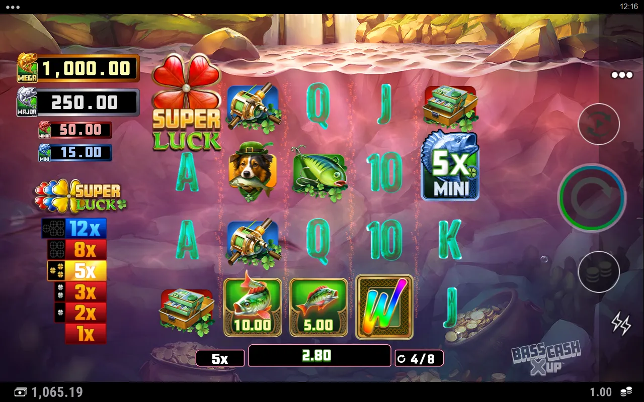 Bass Catch Super Luck free spin at the 5x trail level with cash bass and a Mini jackpot bass on the reels