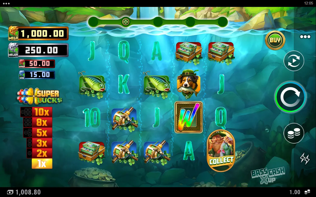 Bass Catch Super Luck base game with the Fisherman collect symbol on reel 5 and the Super Up trail from 1x to 10x on the left
