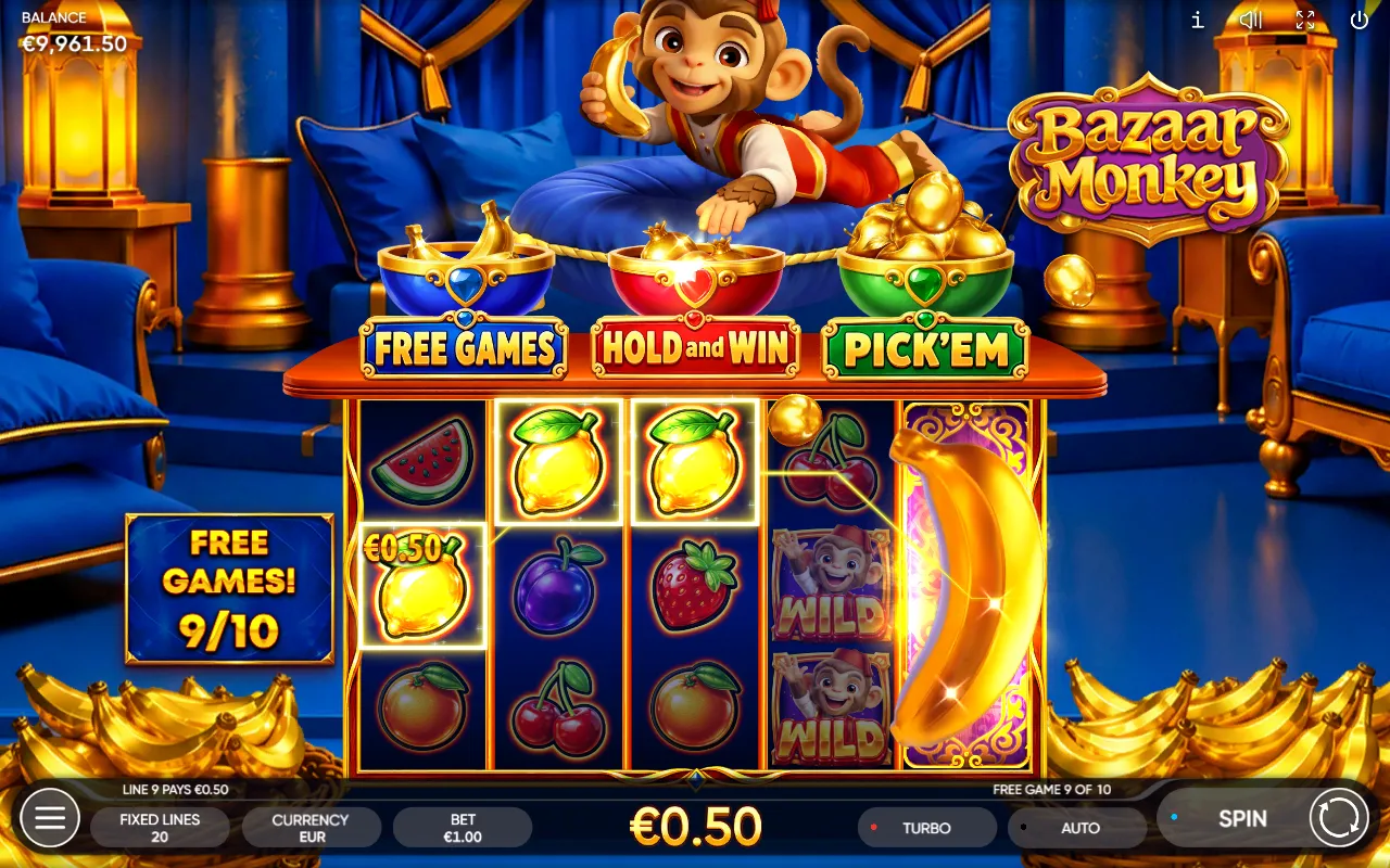 Bazaar Monkey Free Games with the wild banana on reel 5 and a lemon line paying