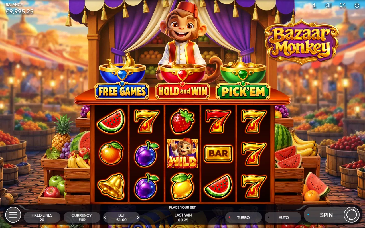 Bazaar Monkey base spin with a Monkey Wild on reel 3 and three gold sevens stacked on reel 5, no winning line