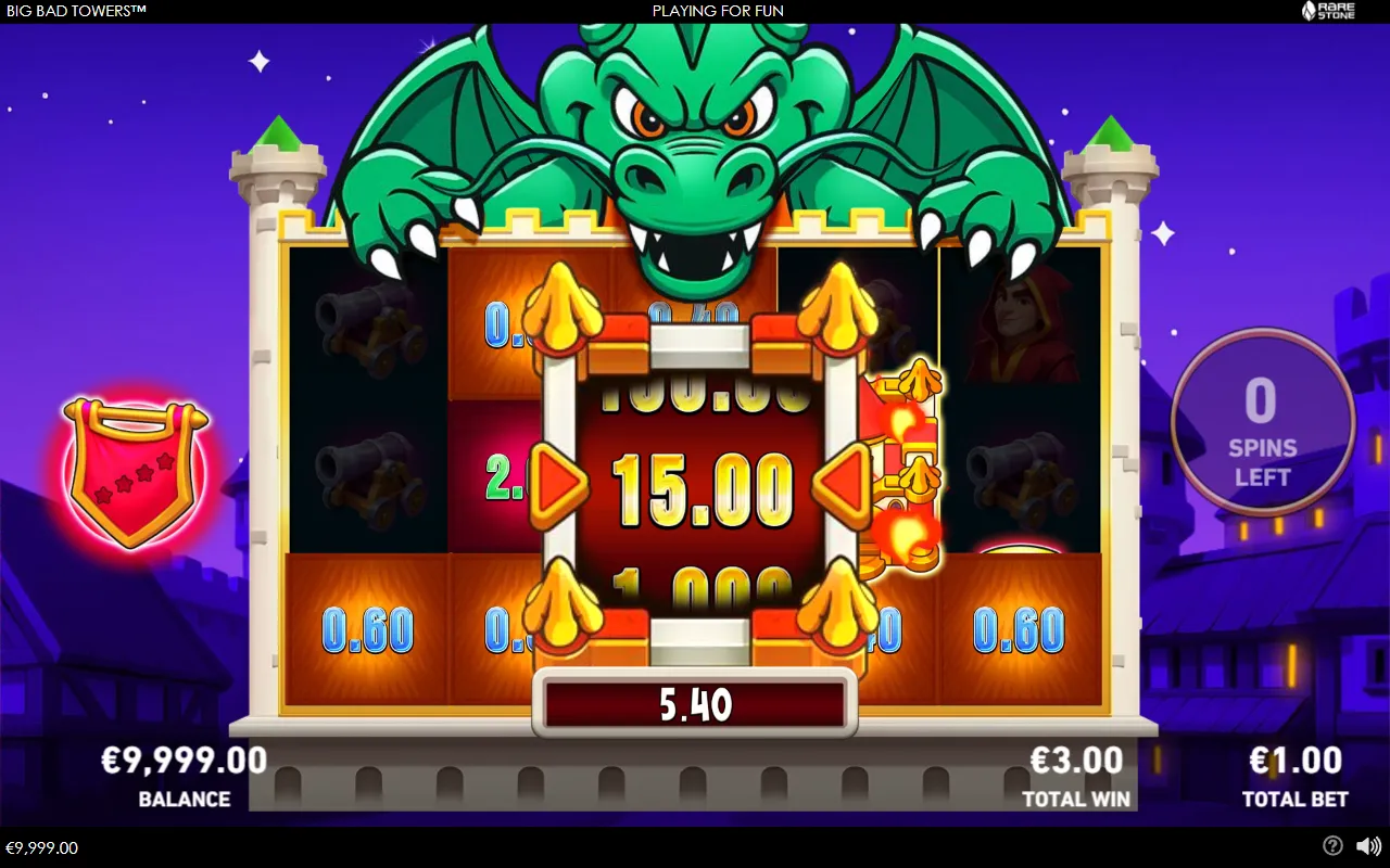 Big Bad Towers level-4 tower prize reel spinning over the finished towers, with 100.00 and 1,000 visible around the window