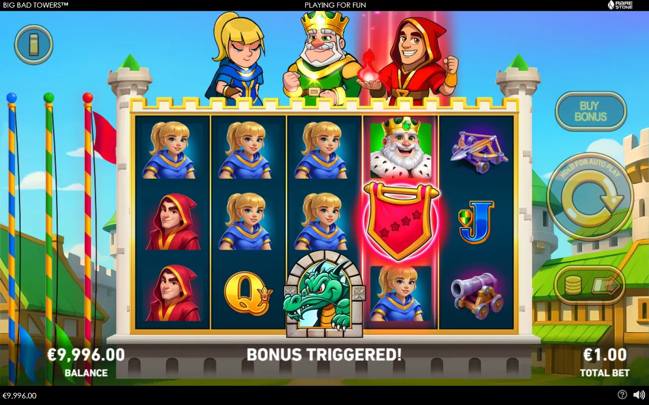 Big Bad Towers base game with a single red flag on reel 4 triggering the bonus and no crown scatters on the board