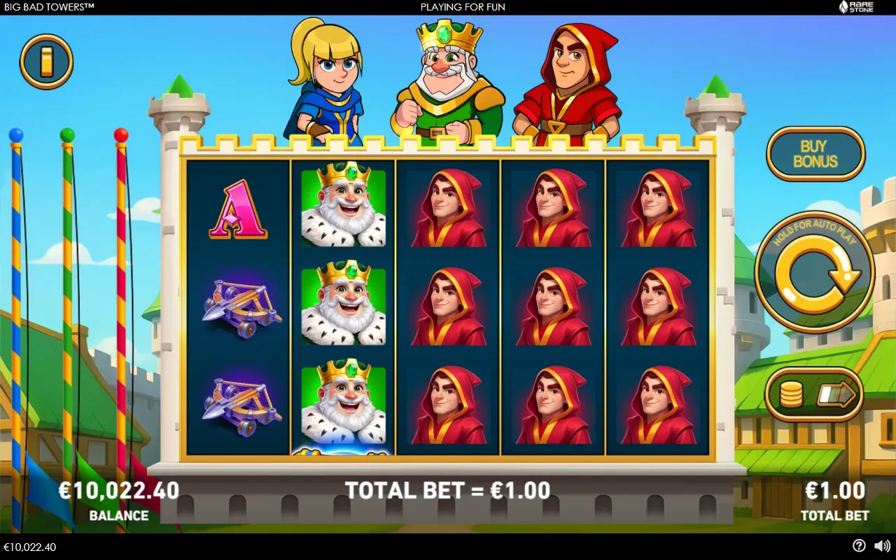 Big Bad Towers base game with Red Hood revealed on all nine positions of reels 3, 4 and 5 and no Red Hood on reels 1 and 2