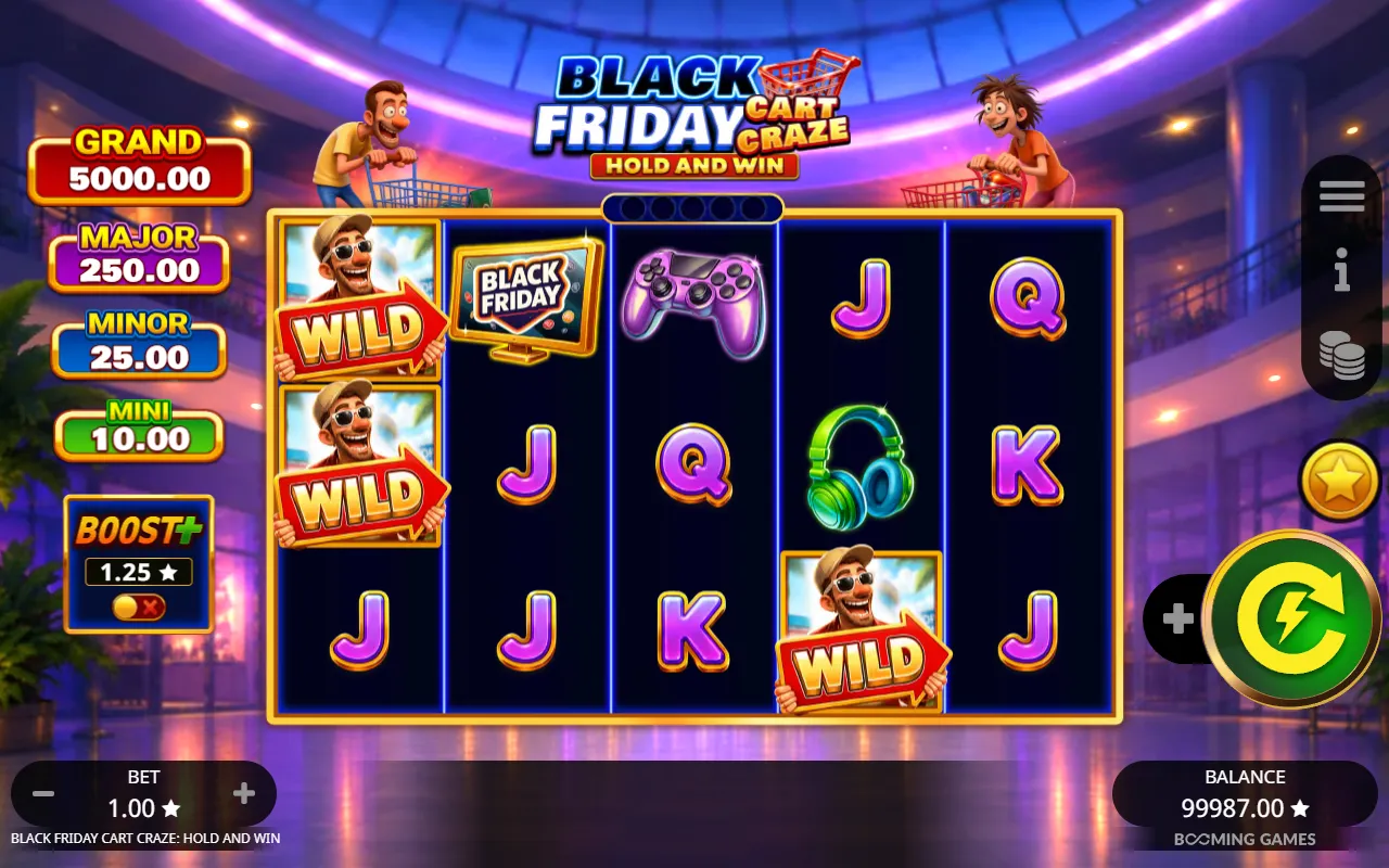 Black Friday Cart Craze reels with two Wilds on reel 1 and one on reel 4, no win
