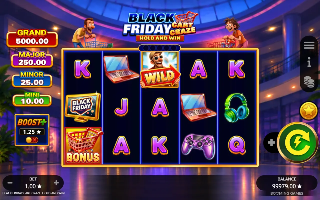 Black Friday Cart Craze with a Bonus cart on reel 1 and a Wild on reel 3