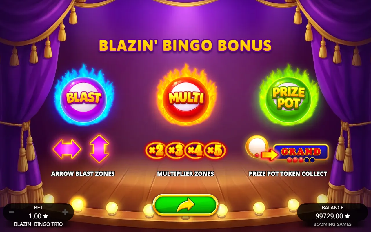 Blazin' Bingo Bonus intro card listing arrow blast zones, x2 to x5 multiplier zones and Prize Pot token collect