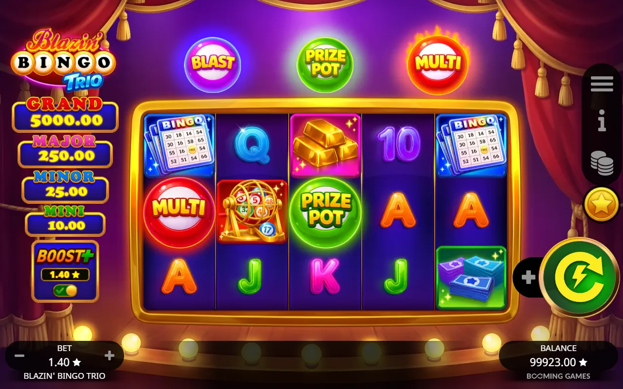 Blazin' Bingo Trio with Boost+ on, a Multi scatter on reel one and a Prize Pot scatter on reel three