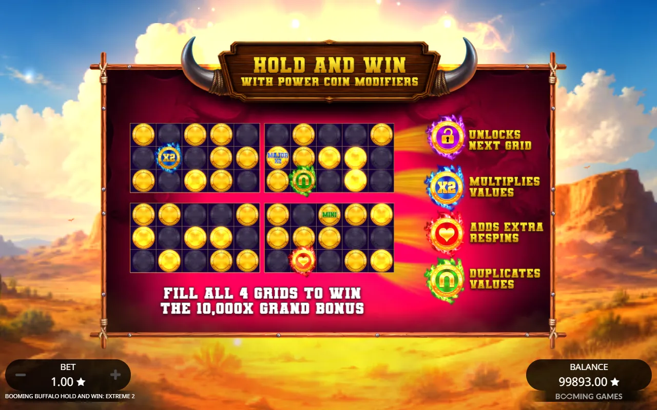 Hold and Win intro card showing four example grids and the four Power Coins
