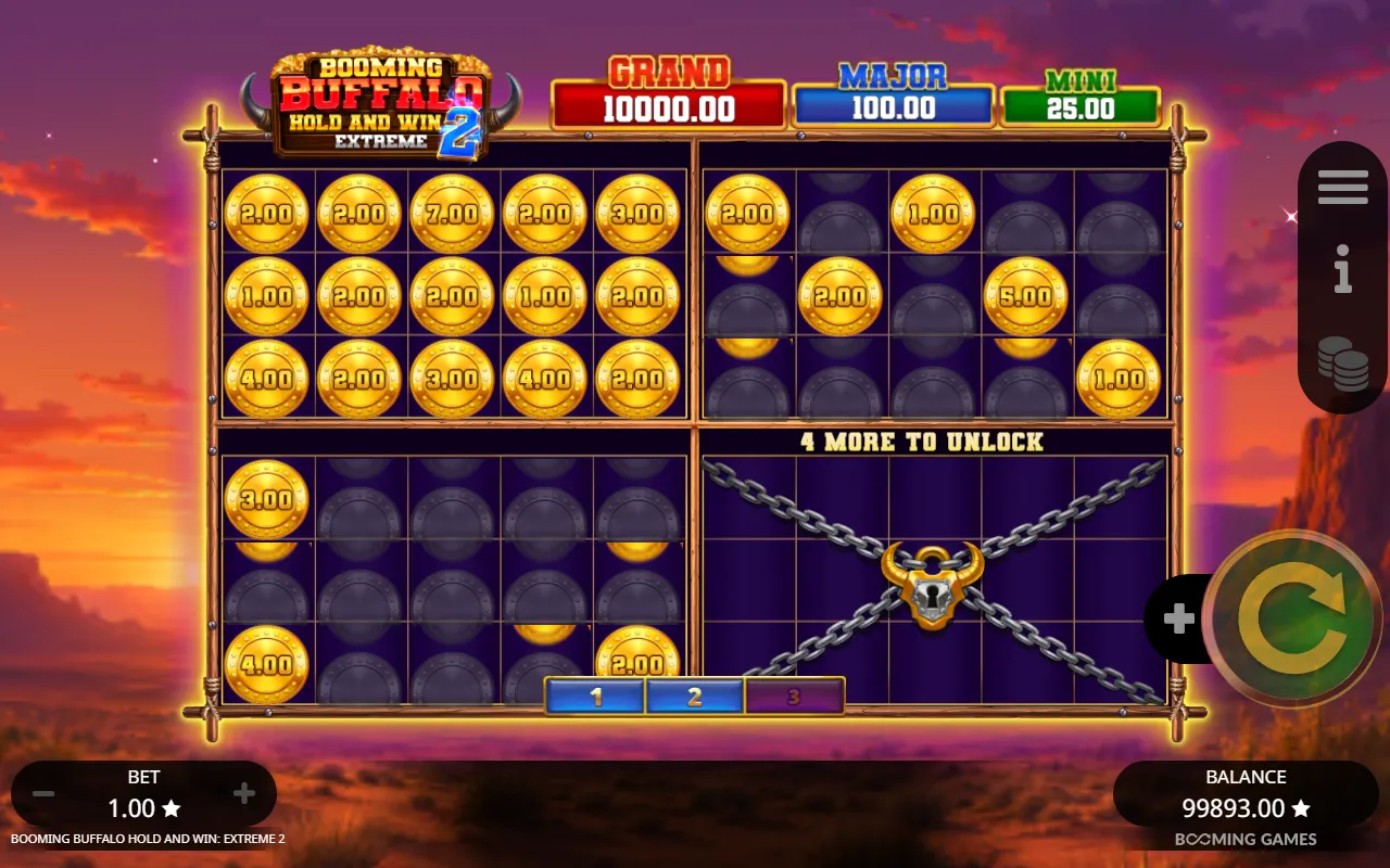 Hold and Win with the first grid full, grids two and three unlocked and grid four four coins away