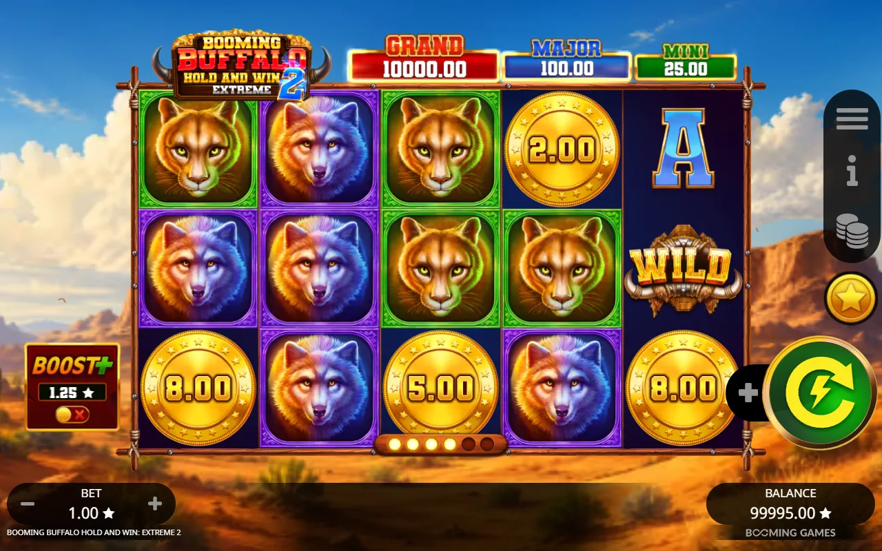 Four value coins on the Booming Buffalo base board with no Hold and Win trigger
