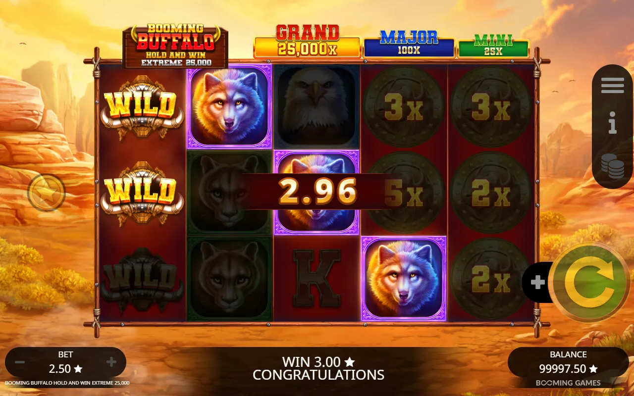 Base game board with three wilds and five coins that fall one short of the trigger