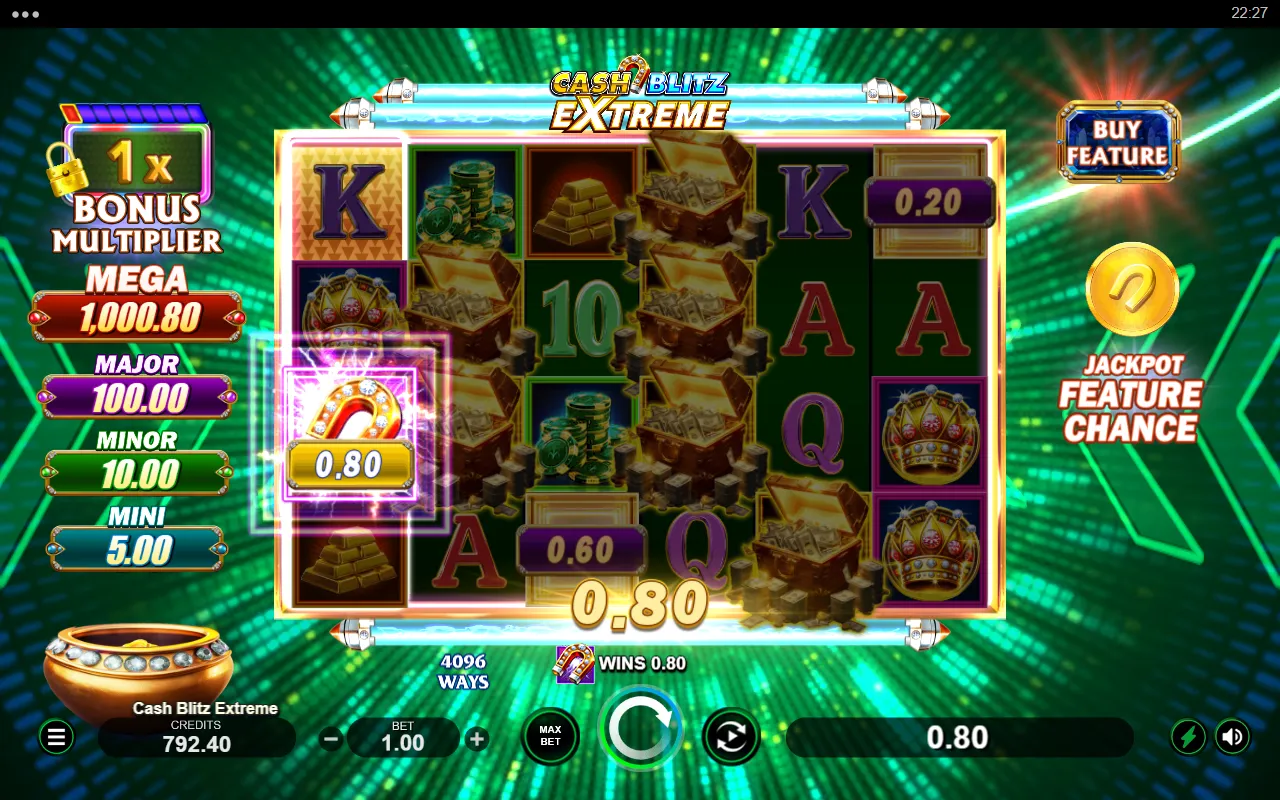 Cash Blitz Extreme Collect symbol on reel 1 gathering a single 0.80 cash plaque