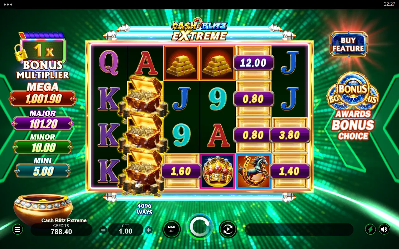 Cash Blitz Extreme base game with six cash plaques adding up to 20.40 and no Collect symbol on reel 1 or reel 6