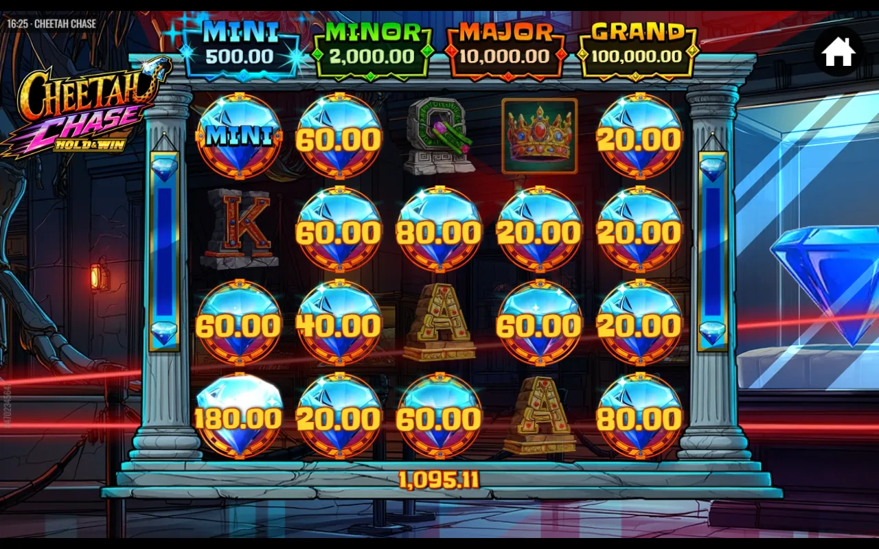Cheetah Chase Hold and Win round ending with the grid almost full of prize diamonds and a few royal symbols left in the gaps