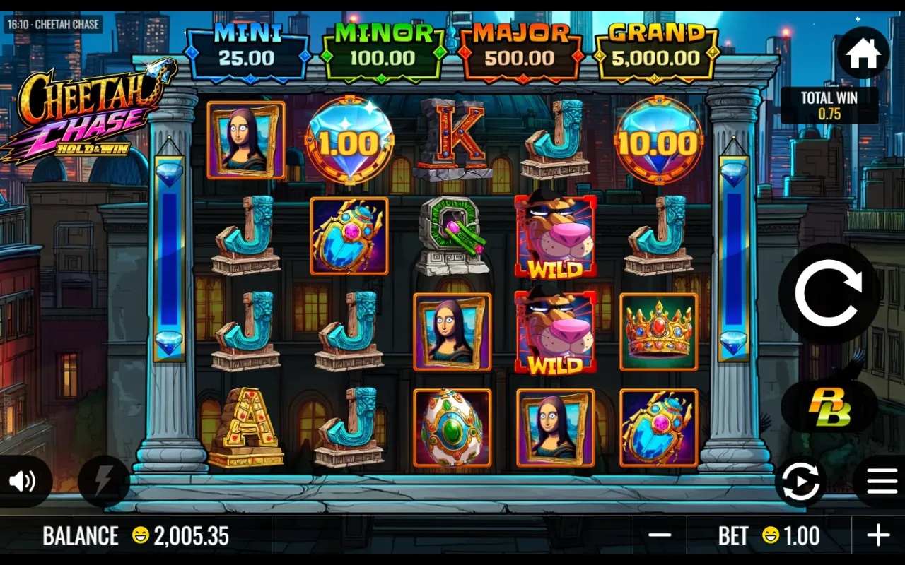Cheetah Chase base game with all four jackpot plaques above the reels and two prize diamonds showing their cash values on the top row