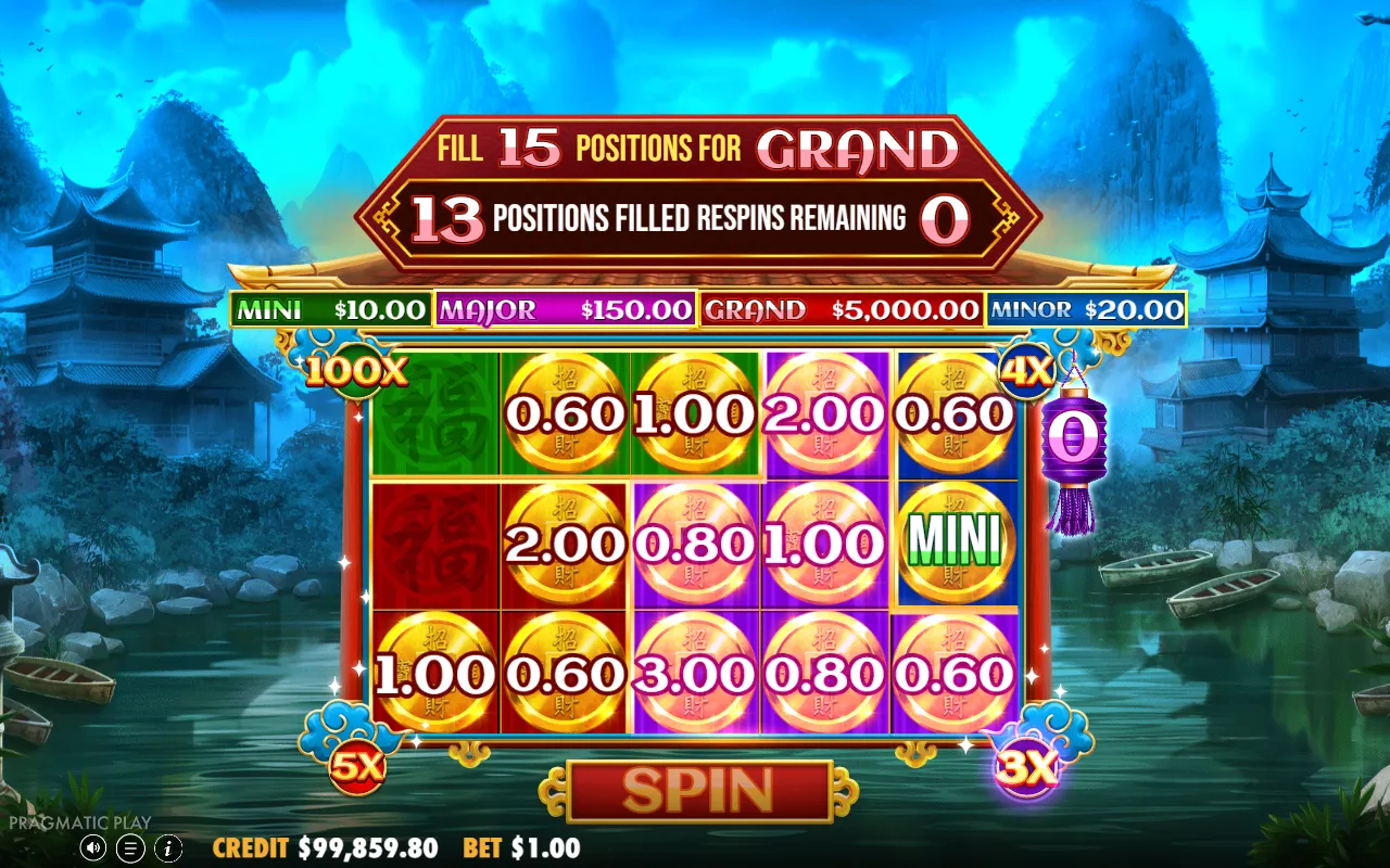 Chest Respin board with 13 of 15 positions filled, no respins left, and one blank cell inside the 100x zone in the top left