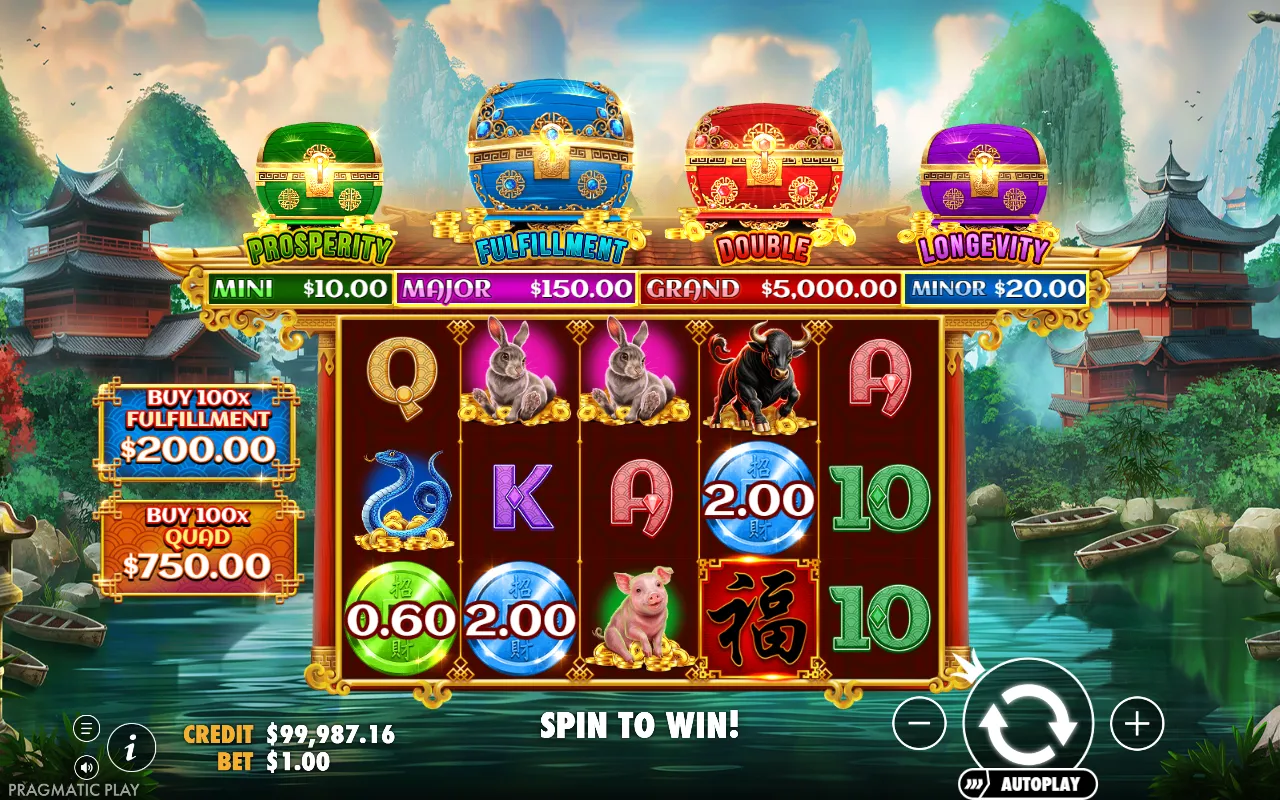 Chests of Cai Shen Infinity base game with the four coloured chests above the reels and green and blue bonus coins on the board