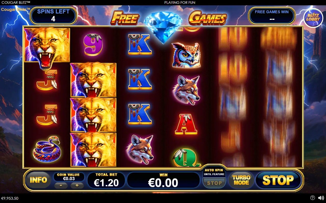 Cougar Blitz free games with a cougar on reel 1 and three stacked cougars on reel 2, four spins left