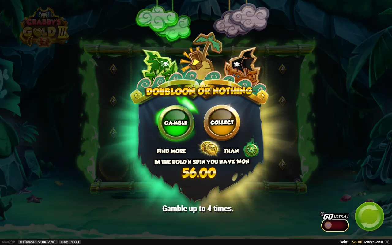 The Doubloon or Nothing screen on Crabby's Gold III offering gamble or collect after a Hold'n Spin round