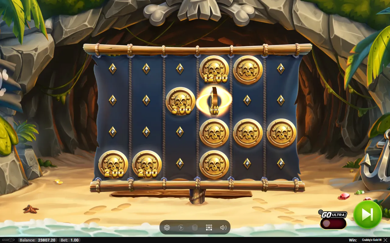 Gold coins flipping face up at the end of a Hold'n Spin round on Crabby's Gold III