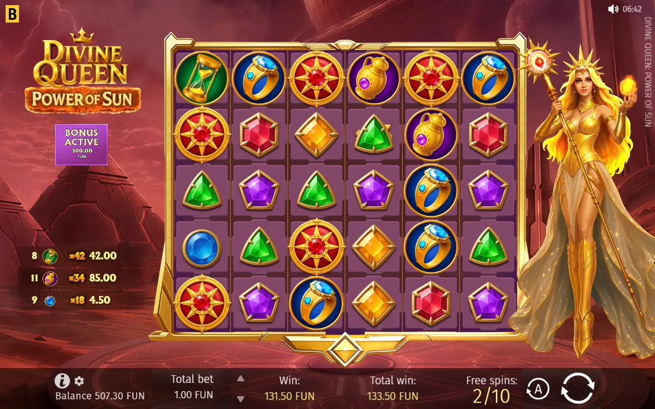 Second Super Free Spin in Divine Queen: Power of Sun with hourglasses at x42 and jugs at x34