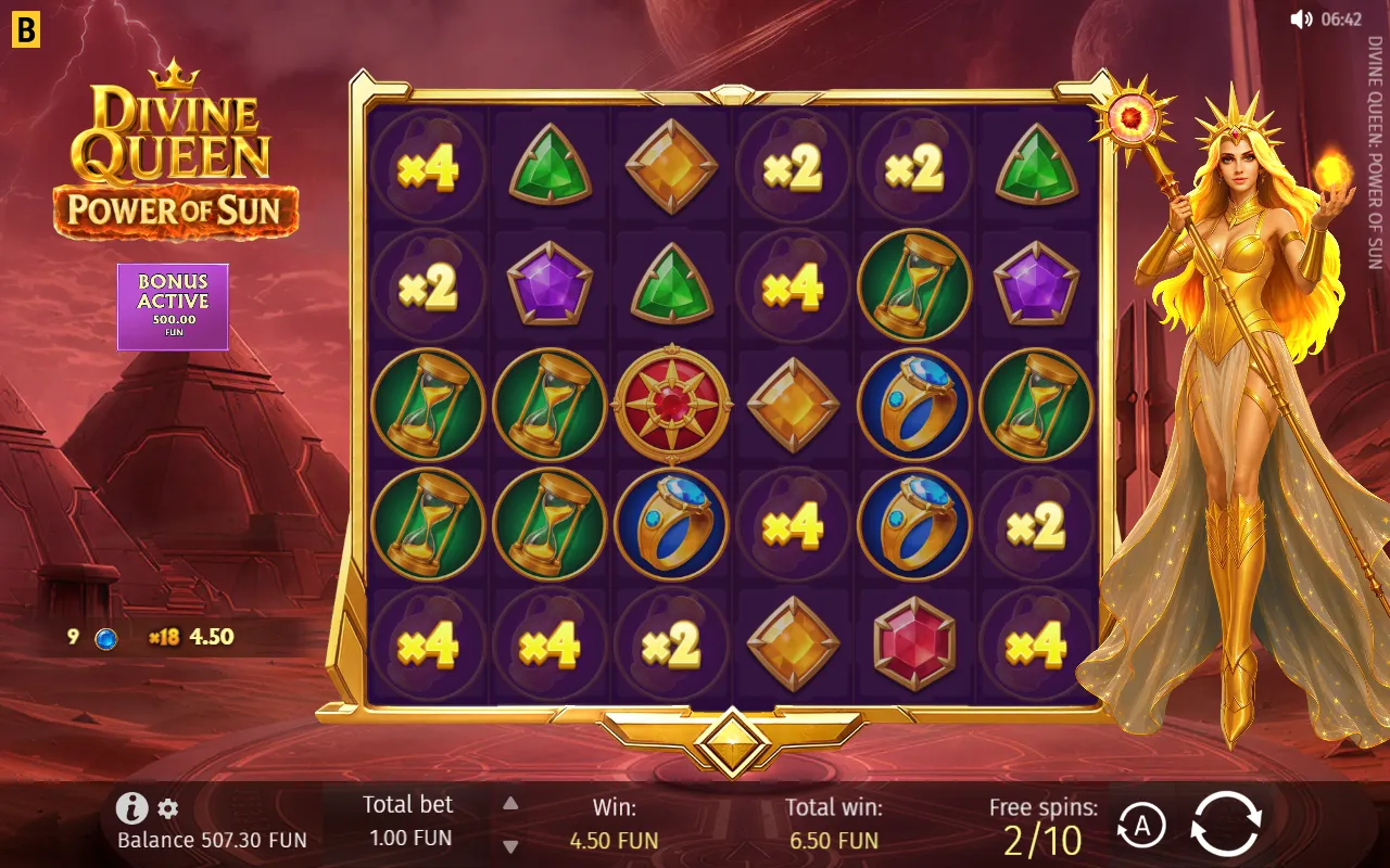 Cells at x2 and x4 mid-tumble during Super Free Spins in Divine Queen: Power of Sun