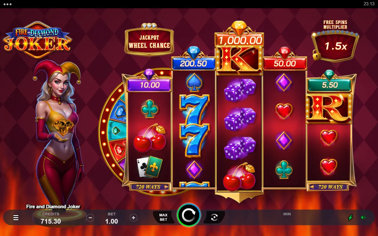 Fire and Diamond Joker base game with the K and R scatter letters, five jackpot plaques above the reels and the free spins multiplier at 1.5x