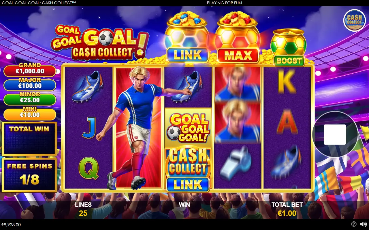 Goal Goal Goal: Cash Collect first free game with the Link and Max pots lit and a Cash Collect Link symbol on reel 3
