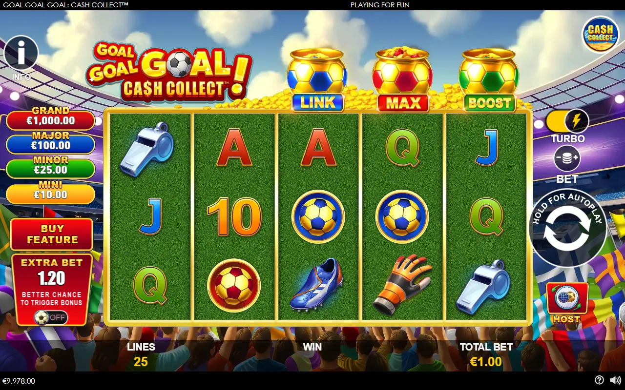 Goal Goal Goal: Cash Collect base game with a red coin on reel 2 and blue coins on reels 3 and 4, no win