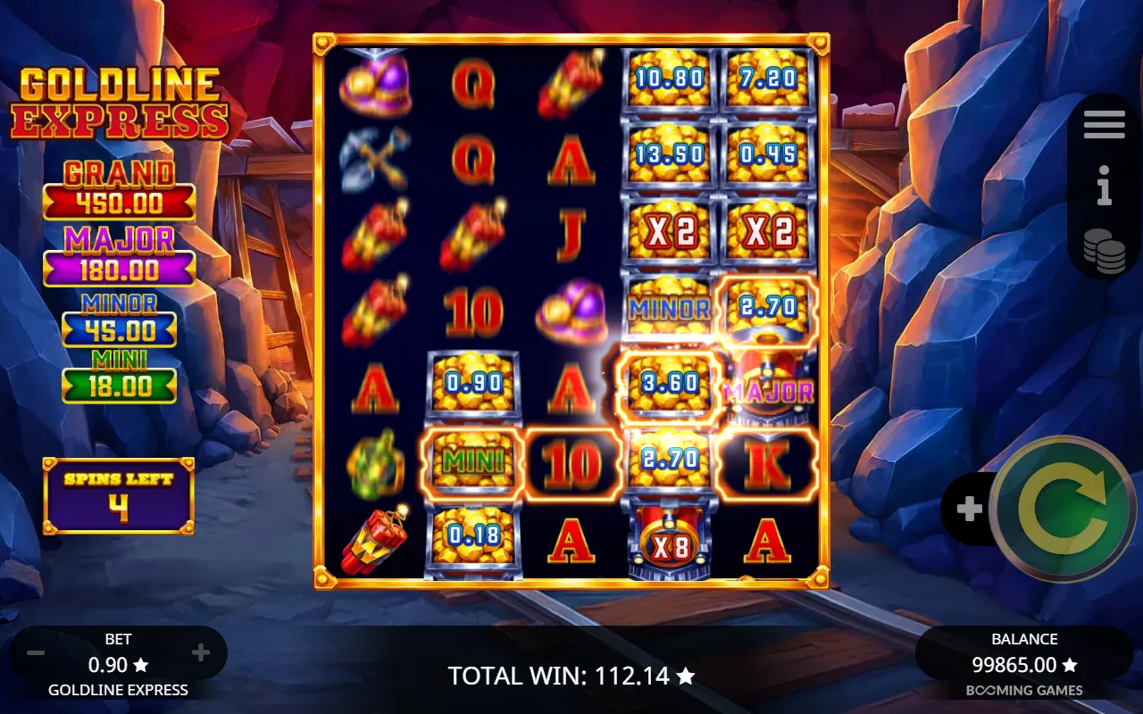 Free spins on the 5x7 grid with Minor and Major pot carts and an x8 locomotive rolling past
