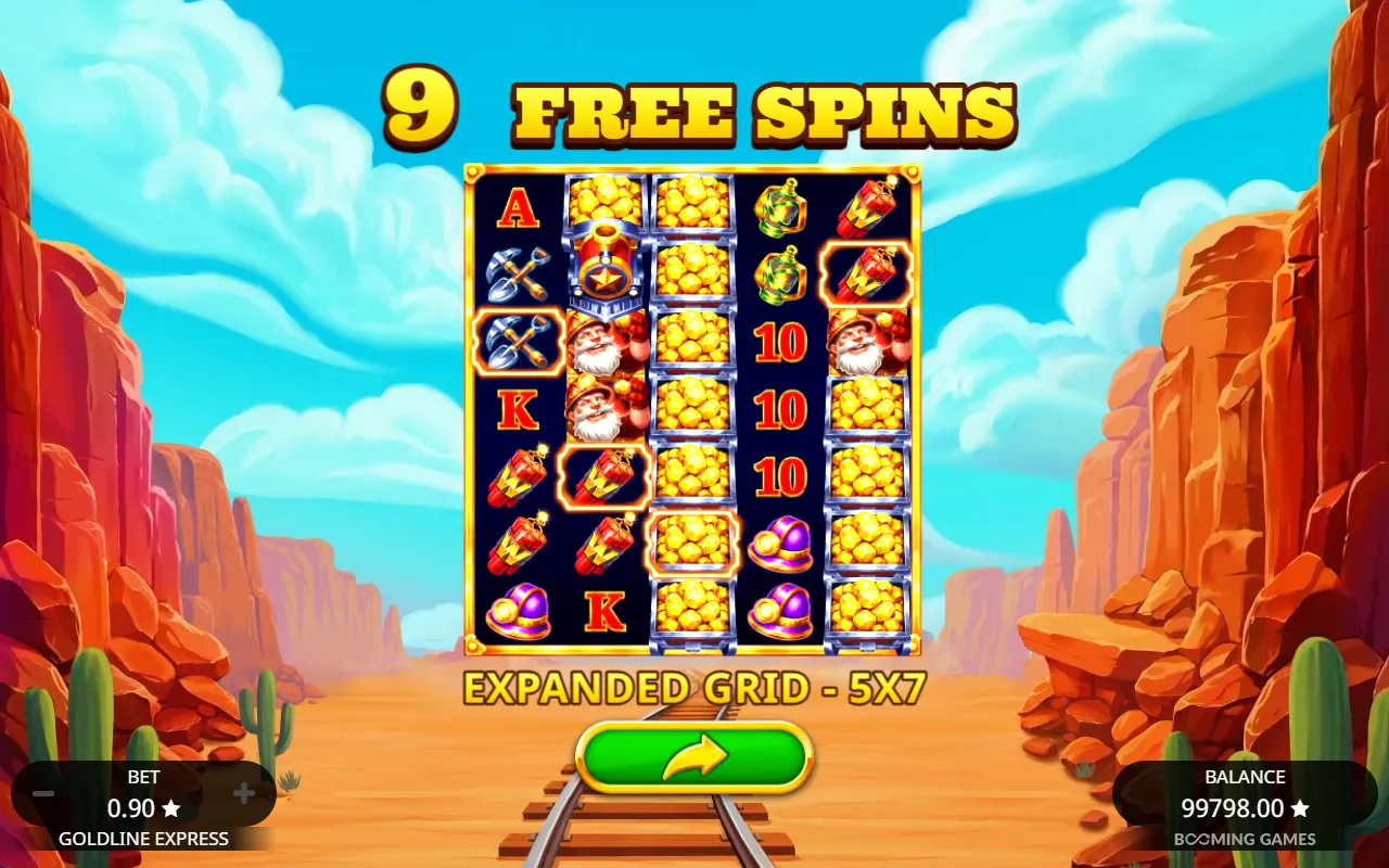 Goldline Express free spins intro card showing the expanded 5x7 grid