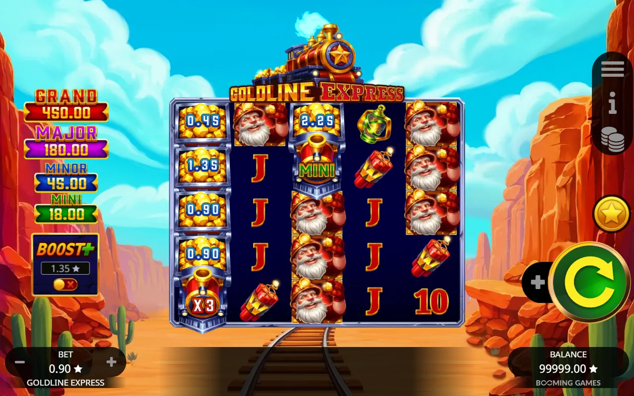 Four mine carts stacked on an x3 locomotive on reel one with no collect frame beneath them