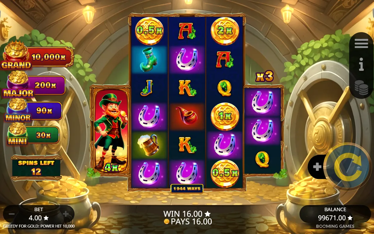 Greedy for Gold free spin with a collect leprechaun filling reel one on the left and an x3 multiplier plaque sitting above reel five on the right