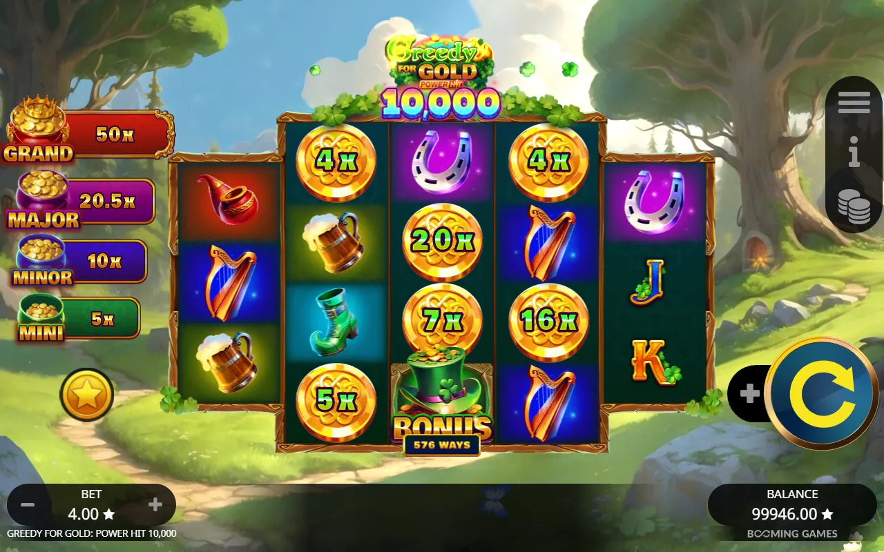 Greedy for Gold base grid holding six gold coins with printed values and a green Bonus hat, with no leprechaun on either outer reel