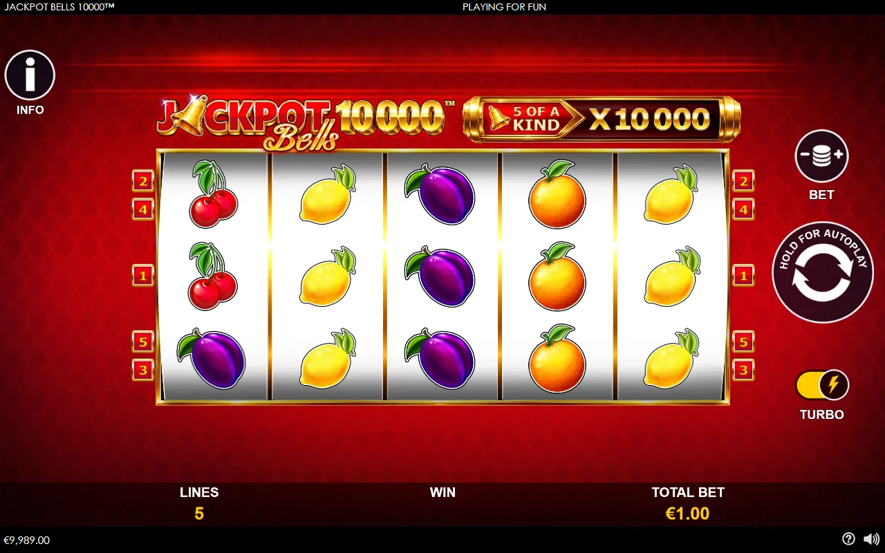 Jackpot Bells 10000 base game with columns of cherries, lemons, plums, oranges and lemons and no winning line