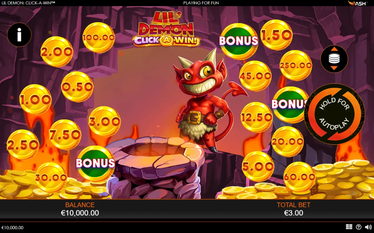 Lil' Demon: Click-A-Win board at a 3.00 bet with 15 cash coins from 0.50 to 250.00 and three green Bonus coins around the fire pit