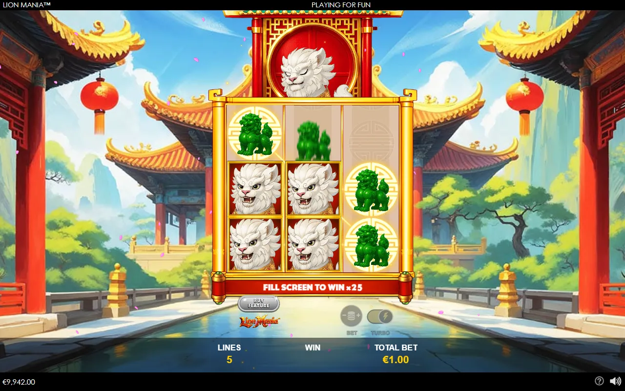 Lion Mania bought respin round with jade lions and wilds locking and the ticker reading Fill screen to win x25