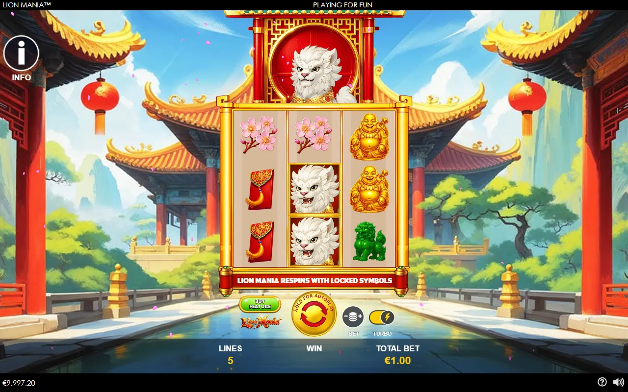 Lion Mania base game with two wild lions stacked on the middle reel and no line win