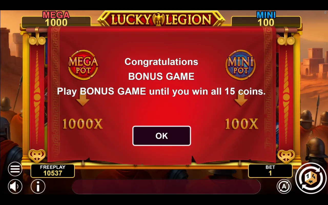 Lucky Legion Fortune bonus game announcement dialog