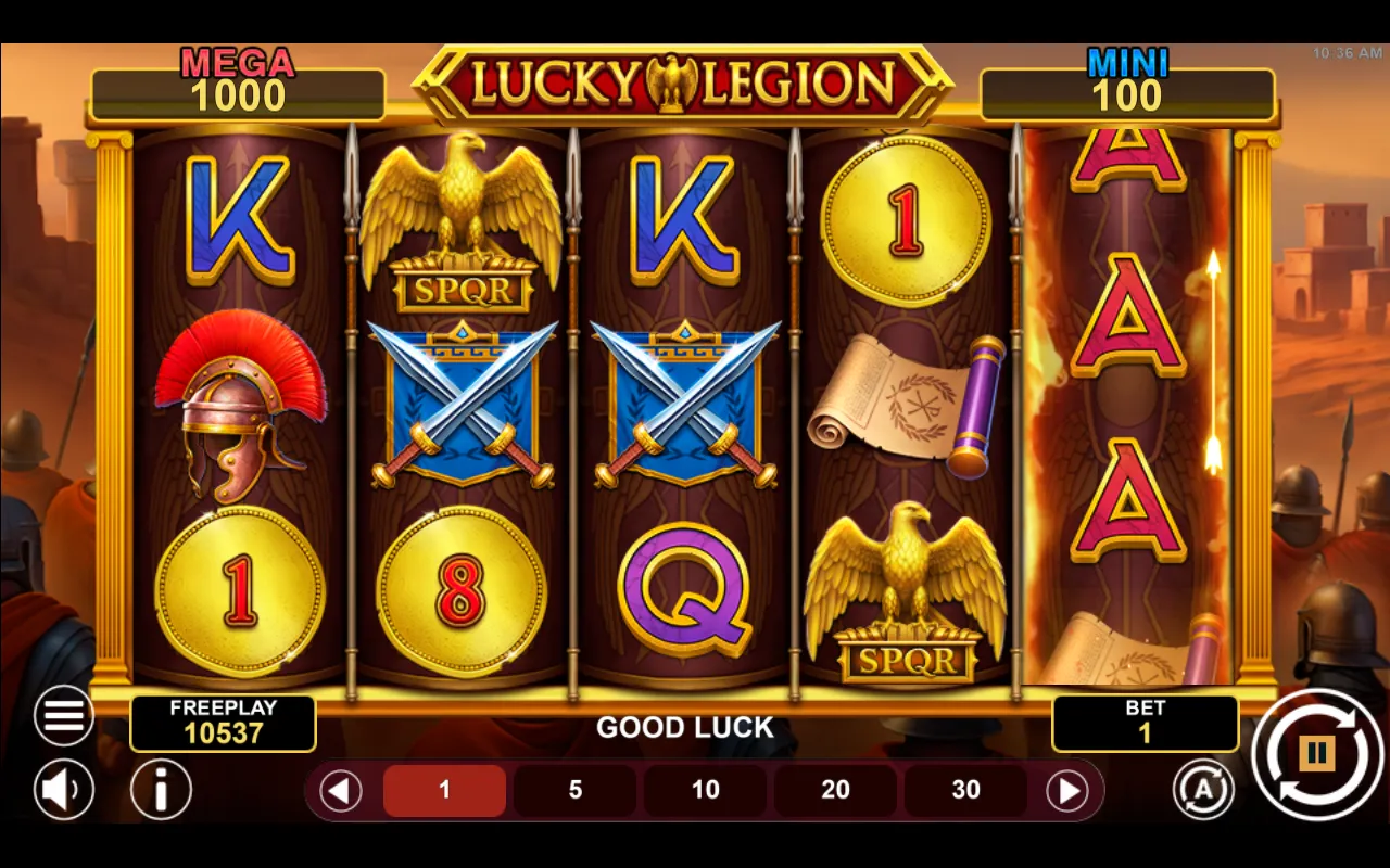 Three gold coins landing on the Lucky Legion Fortune reels to open the Bonus Game