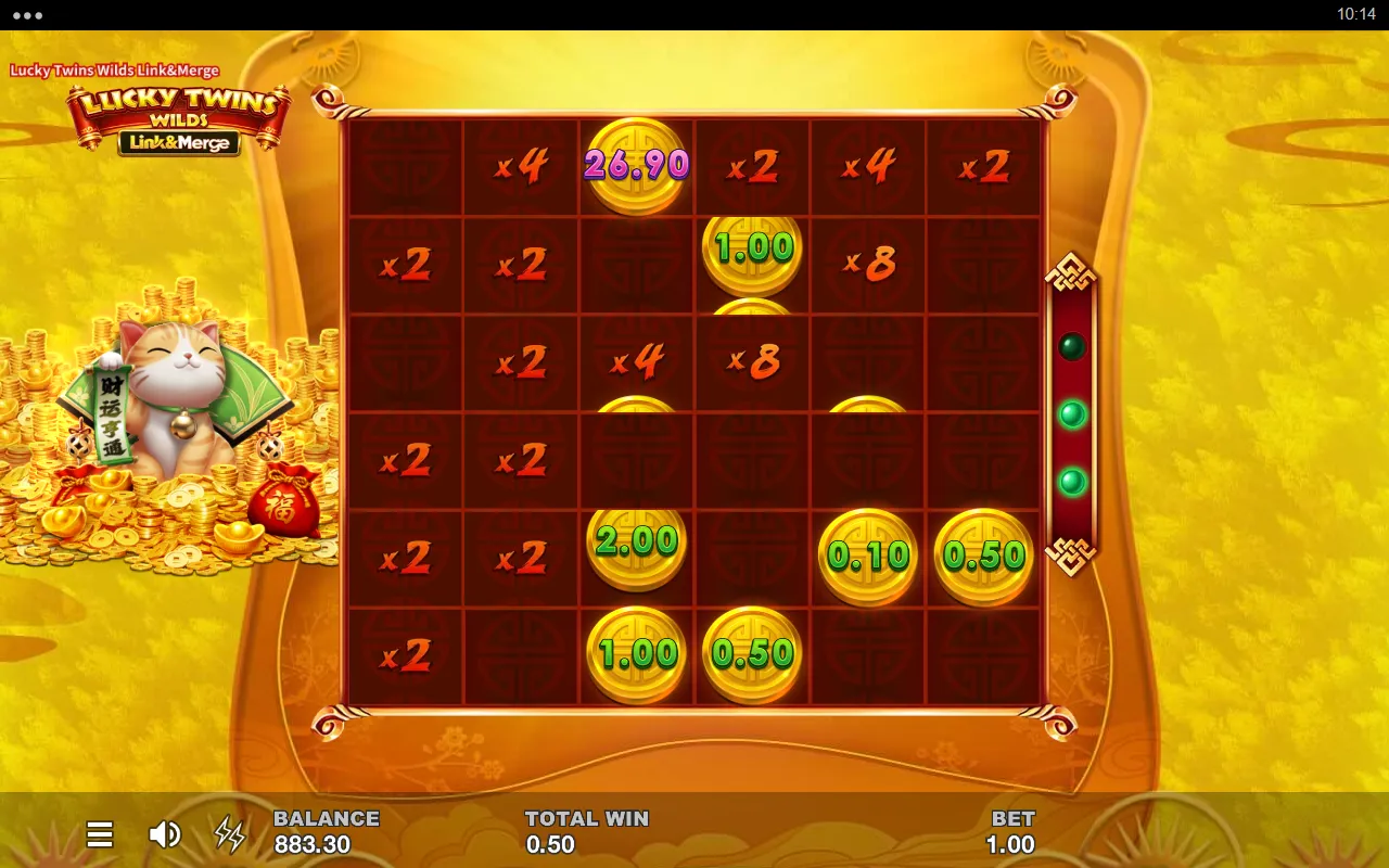 Orange cat Link&Merge board with x2, x4 and x8 multiplier cells left behind by merged coins