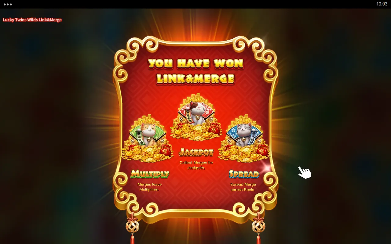 Link&Merge trigger screen showing the Multiply, Jackpot and Spread modifiers for the three Fortune Cats