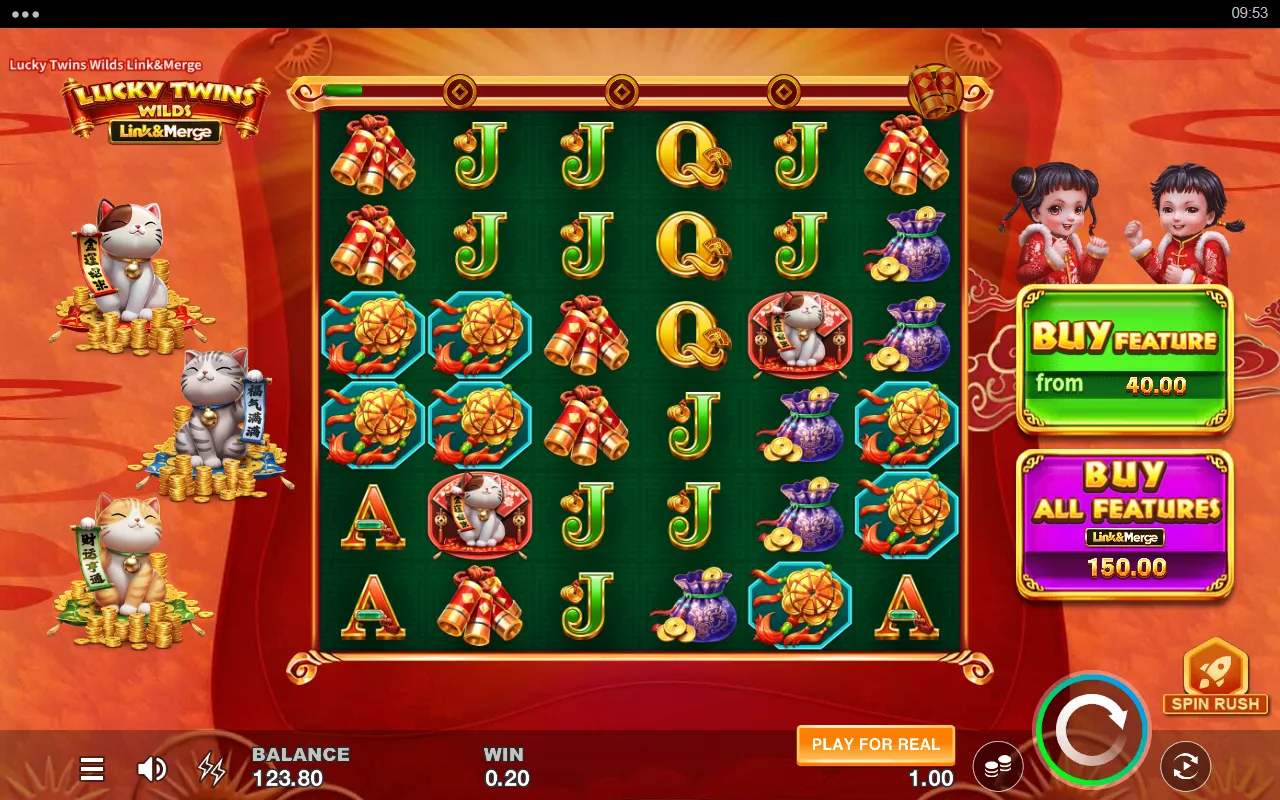 Lucky Twins Wilds Link&Merge 6x6 grid with the wild meter above the reels and three Fortune Cats on the left