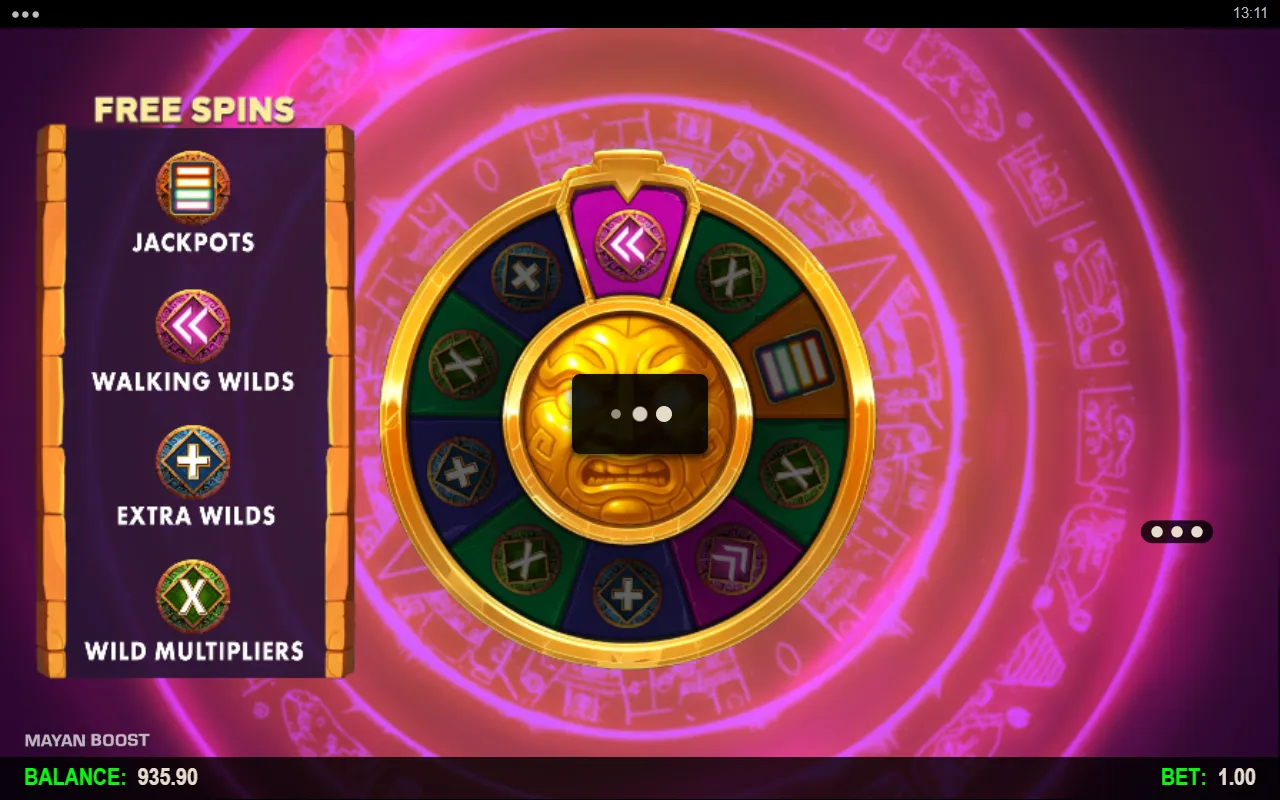 Mayan Boost free spins wheel with Jackpots, Walking Wilds, Extra Wilds and Wild Multipliers modes listed on the left