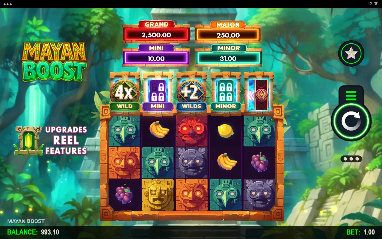 Mayan Boost feature tabs above the reels with the wild multiplier at 4x, Extra Wilds at +2 and padlocks on the MINI and MINOR tabs