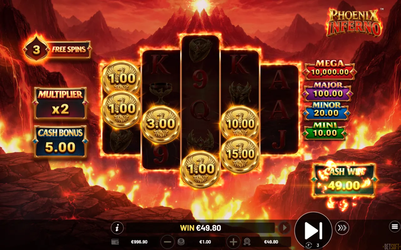 Coin values doubled by the x2 multiplier during a free spin
