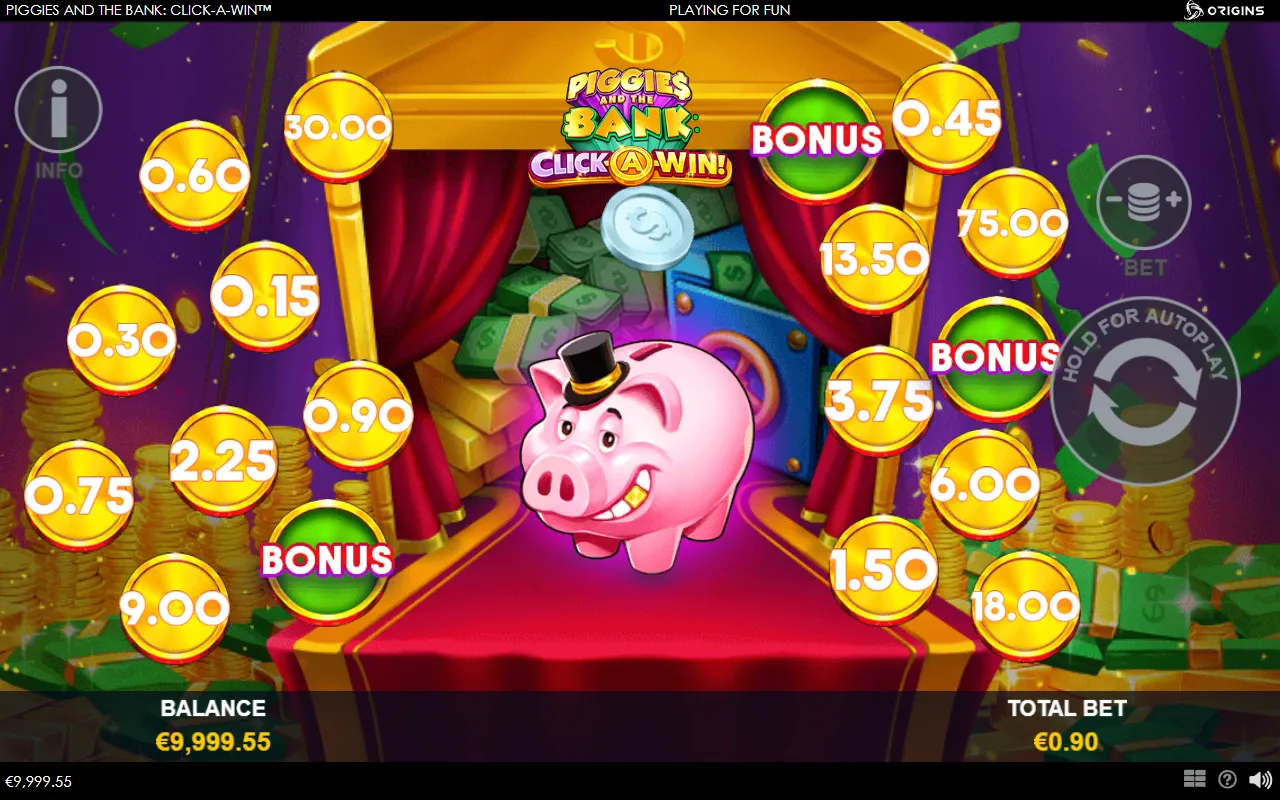 Piggies and the Bank: Click-A-Win silver coin in the air above the piggy bank at the start of a toss