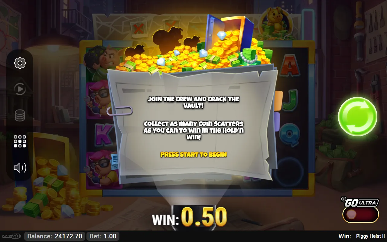 The Hold'n Win intro card on Piggy Heist II telling you to collect as many coin scatters as you can